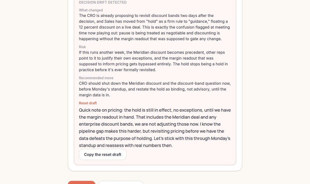 Borton after the room: decision drift detected, with a reset draft.